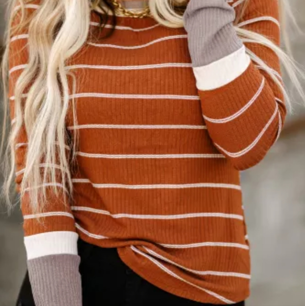 New Brown Extend Color Block Cuffs Rib Knit Striped Pullover - Picture 13 of 16